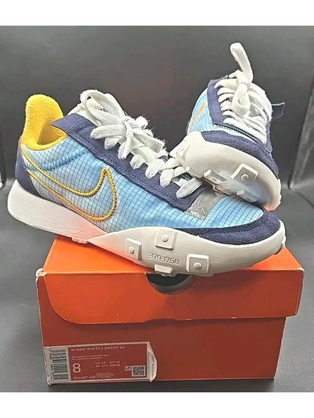 Women’s Nike Waffle Racer 2X Size 8 Blue And Gold EUC DC4467-400 w/ Box +++ - Picture 1 of 9